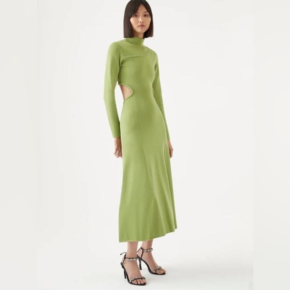 Aje Amelie Spring Green Cut Out Long Sleeve Knit Mock Neck Midi Dress Sz Medium - Picture 2 of 13
